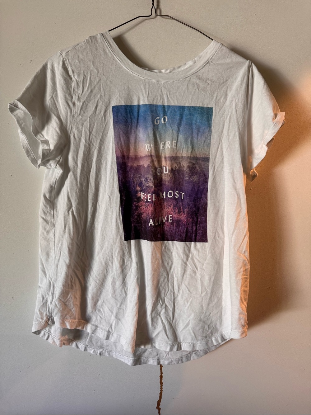 Old Navy White Short Sleeve Tee with Blue-Purple Scenic Print